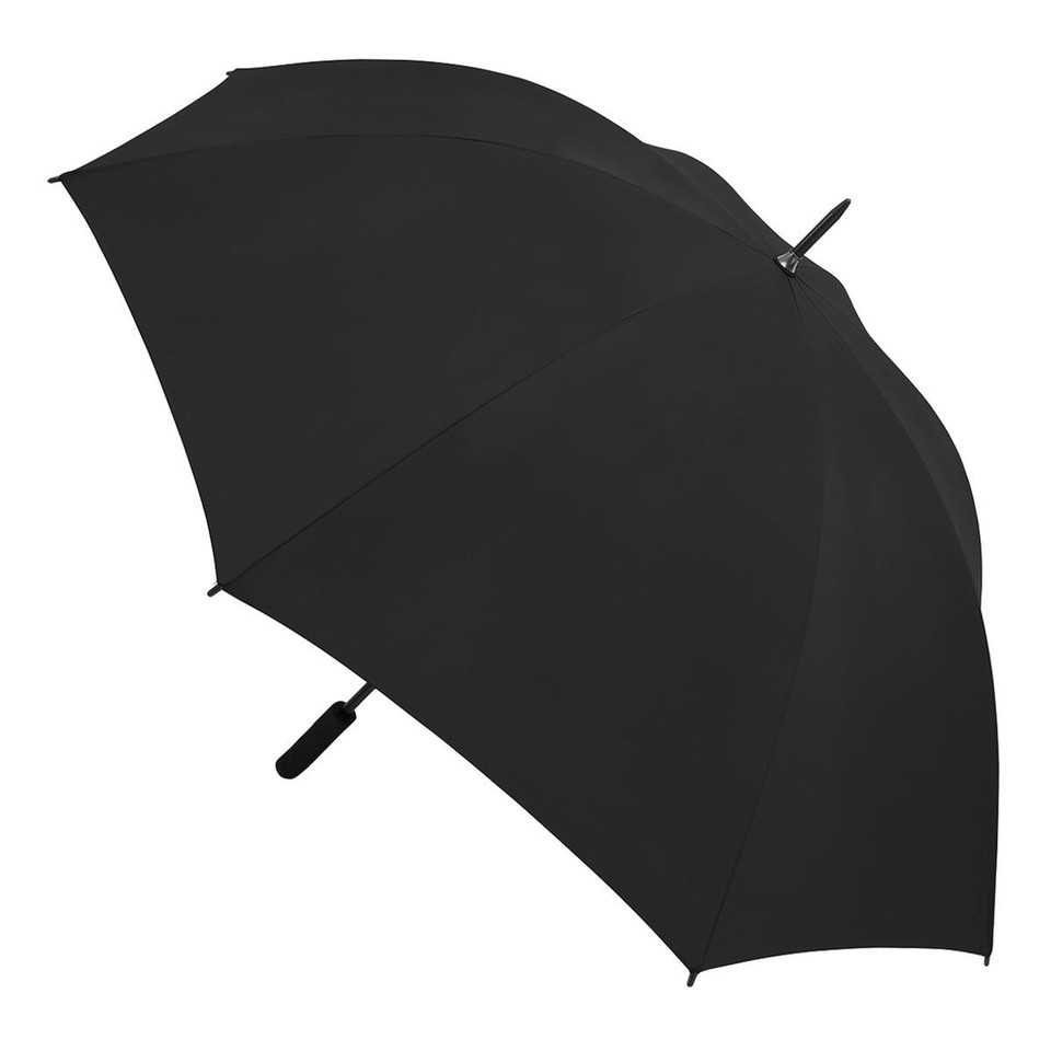 Large black golf umbrella with 150cm canopy, segmented panels, slim shaft and curved handle