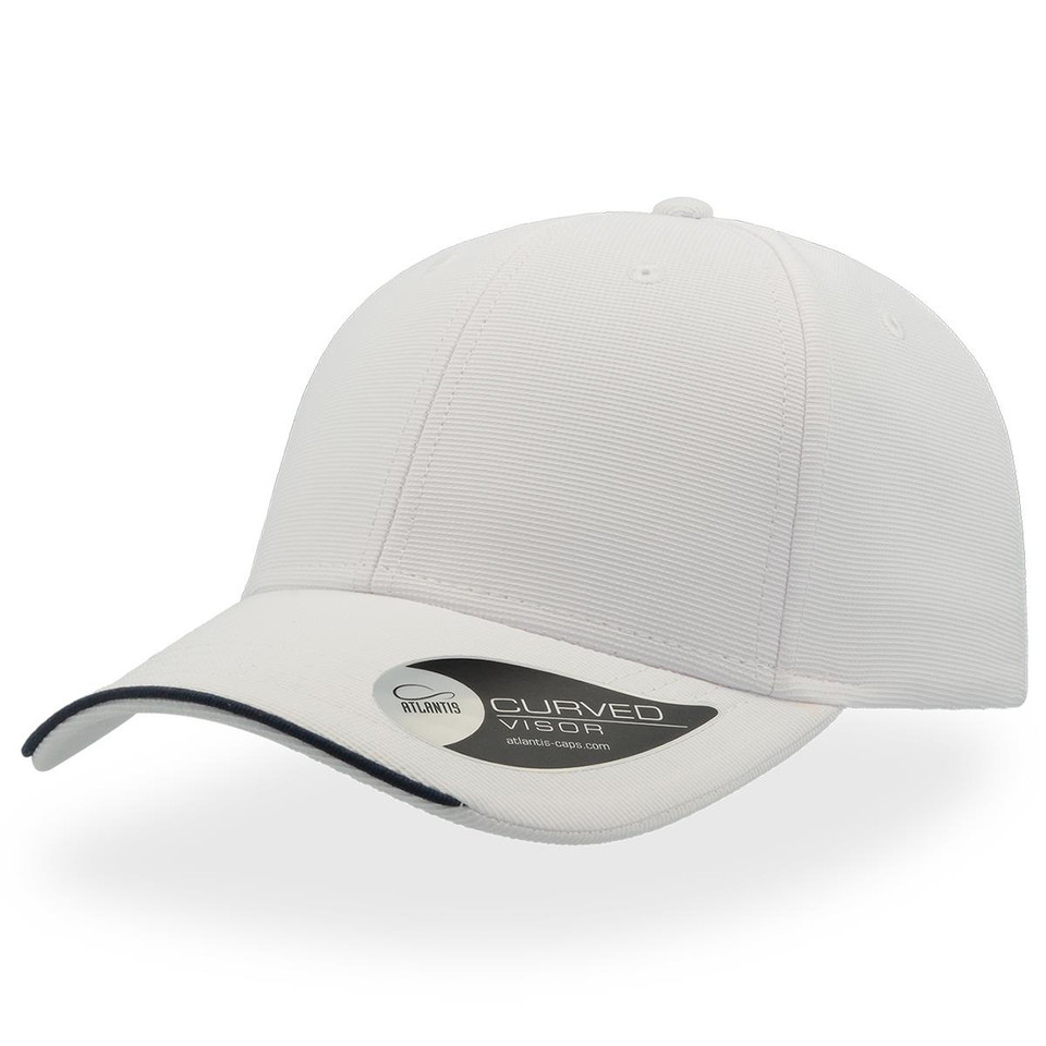 White curved peak cap with navy contrast piping trim along the brim edge