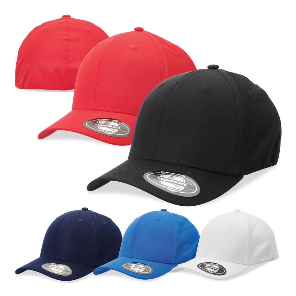 Stretch-fit curved peak caps in red, black, navy, royal blue and white with structured six-panel crown