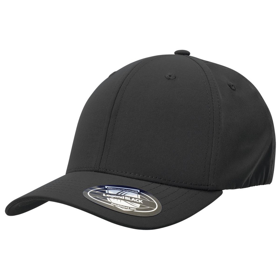 Black stretch-fit baseball cap with curved peak, smooth crown panels and structured profile