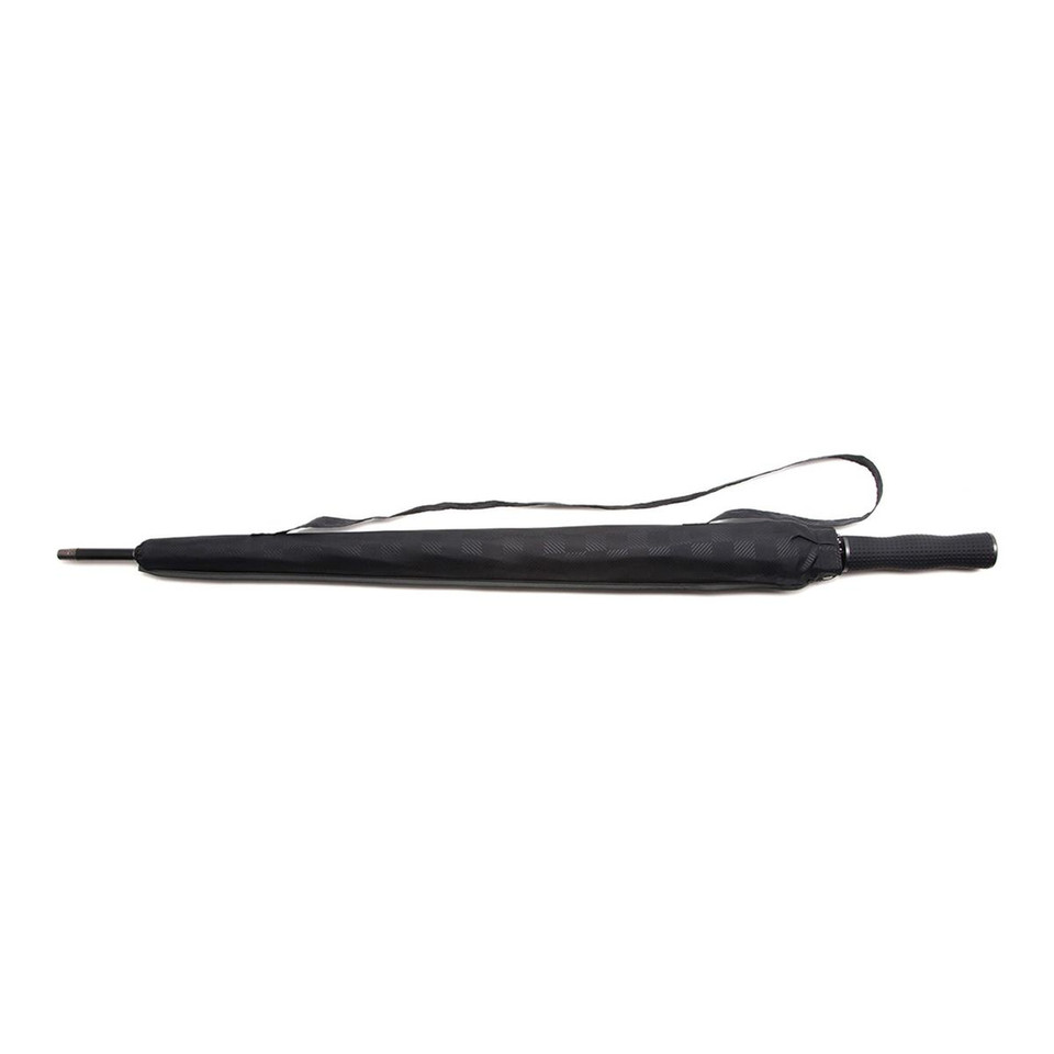 Black premium umbrella with extra-wide canopy and wrist strap, shown folded flat from side view