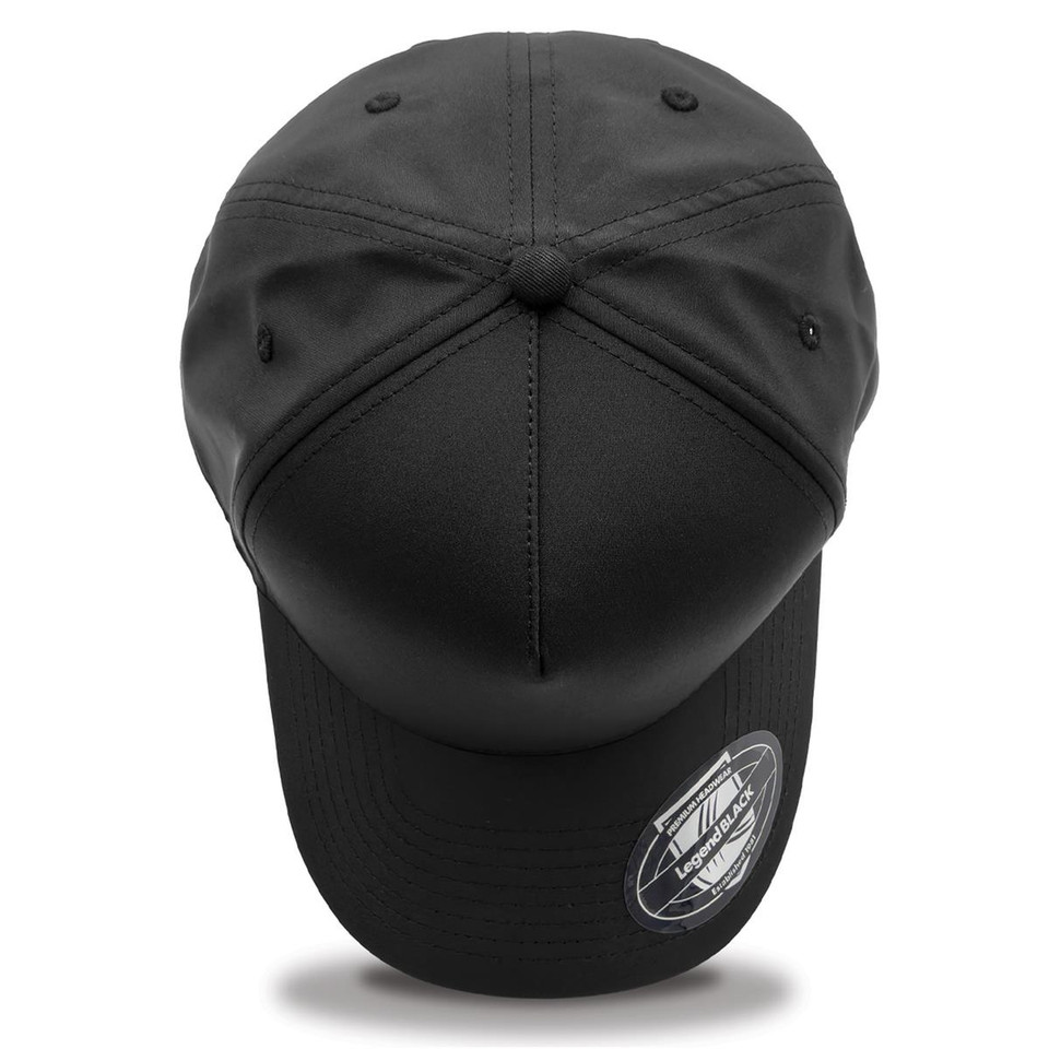 Black 5-panel sport cap shot from above, smooth lightweight performance fabric, structured brim and crown with Flexfit badge