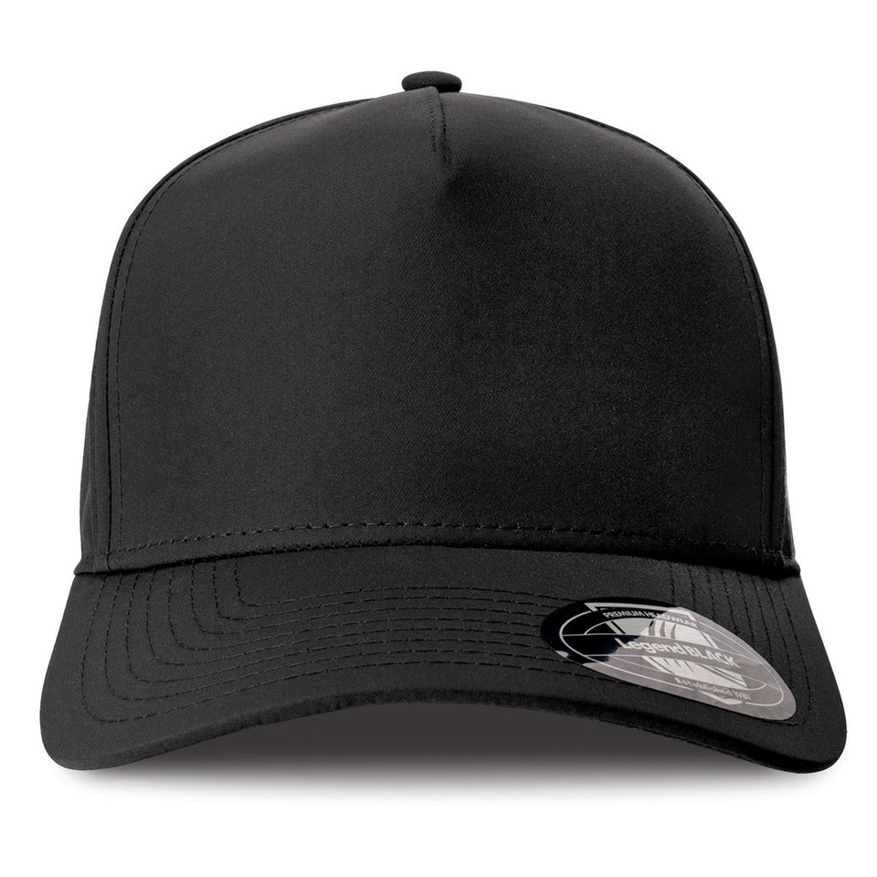 Black 5-panel sport cap with smooth front crown, curved brim, and tonal stitching — front view