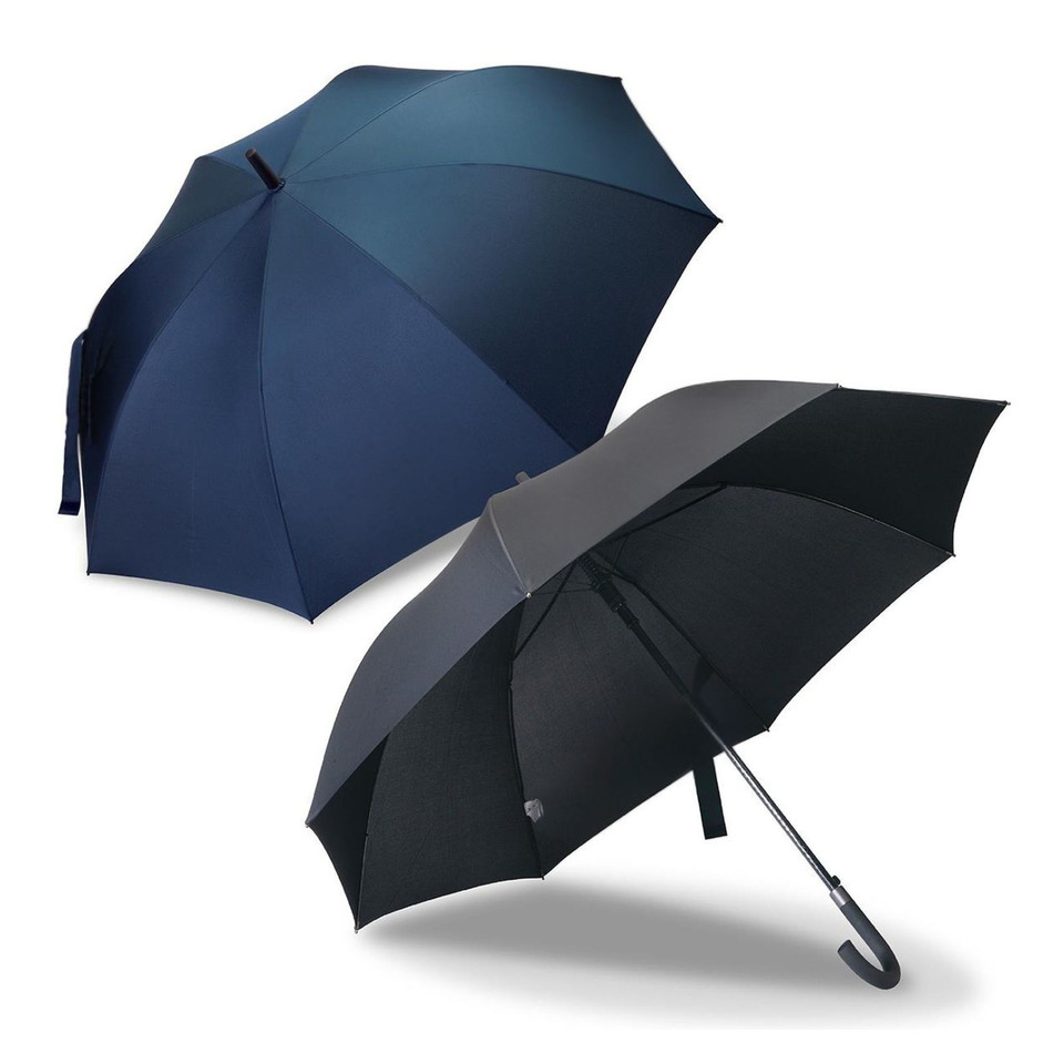Navy and charcoal corporate umbrellas with curved handles and fibreglass frame construction