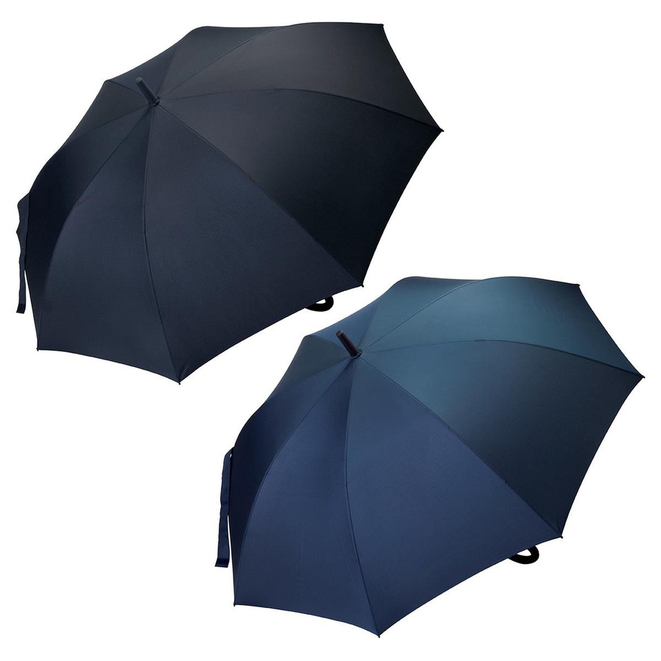 Two open umbrellas in charcoal grey and navy blue with curved hook handles and wind-safe fibreglass frames