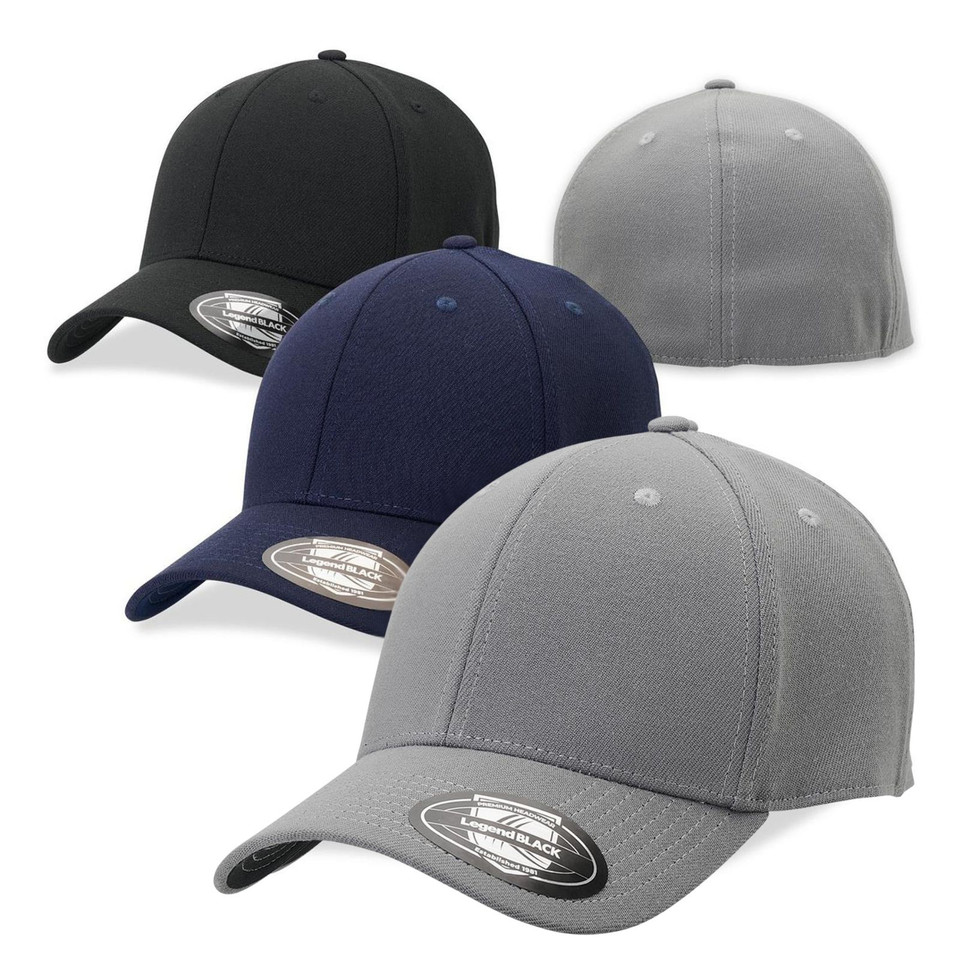 Stretch-fit caps in charcoal grey, navy blue, black and light grey with structured six-panel construction and curved brims