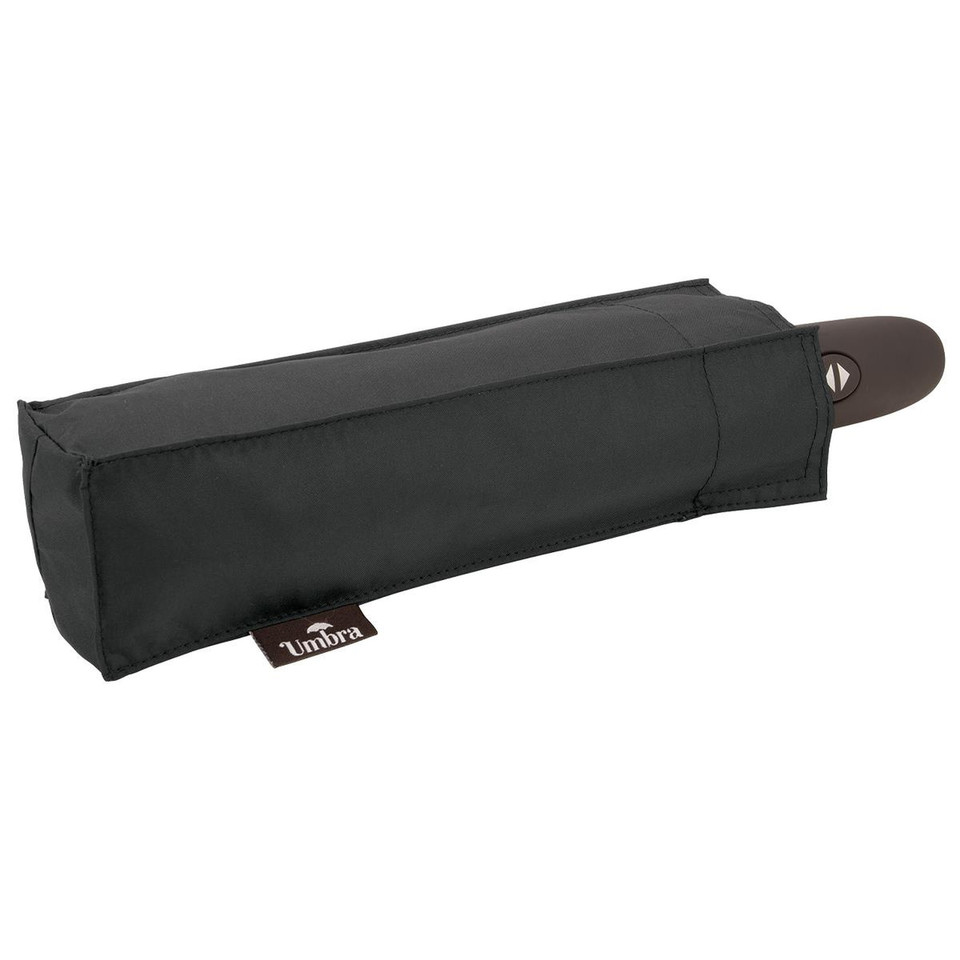 Charcoal compact folding umbrella in black sleeve with brown ergonomic handle and Umbra woven label
