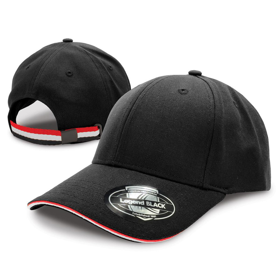 Black cotton cap with red and white sandwich trim on curved peak and rear strap