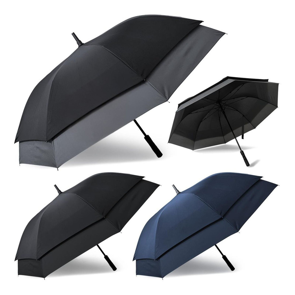 Black and charcoal double-layer expanding canopy golf umbrella with vented panel and rubber grip handle, four angles shown