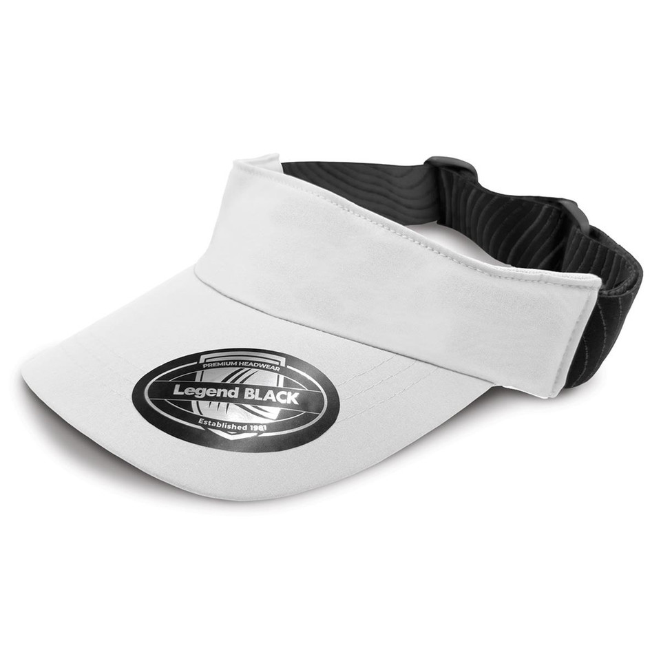 White moisture-wicking sports visor with black contrast underside and adjustable elastic strap
