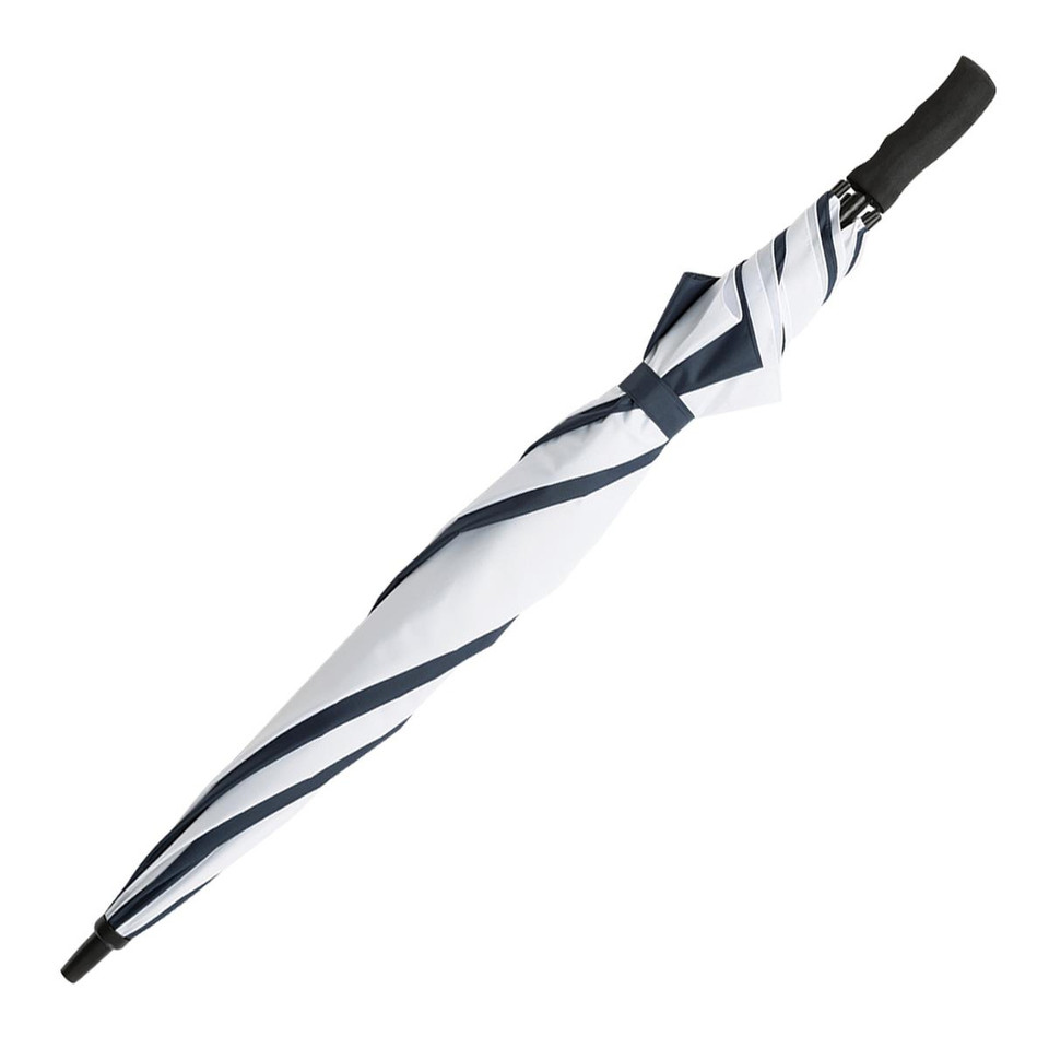 White golf umbrella with navy blue diagonal stripes and black handle, shown in open position