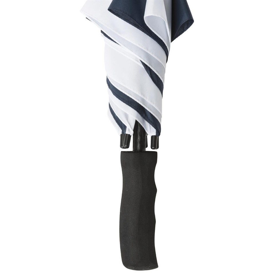 White canopy with charcoal grey diagonal stripes and matching grey handle, wind-resistant golf umbrella