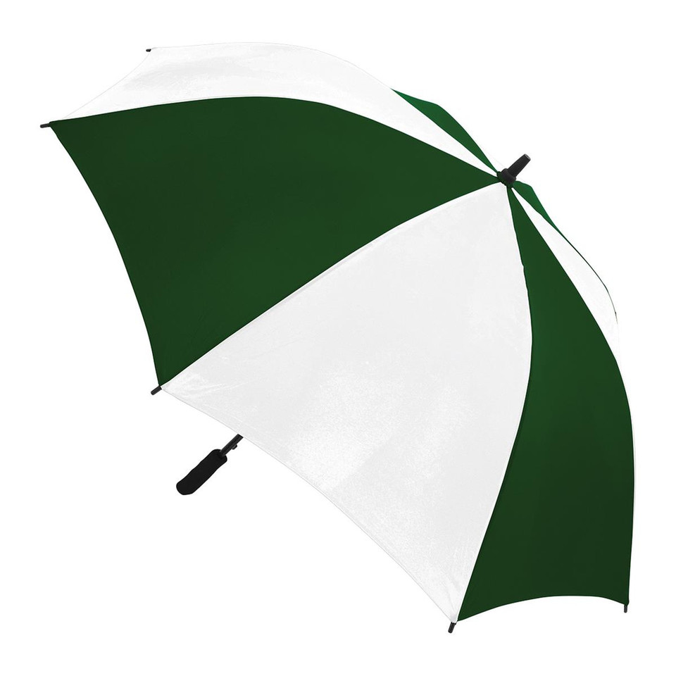 Forest green and white alternating panel golf umbrella with black handle and wind-resistant frame