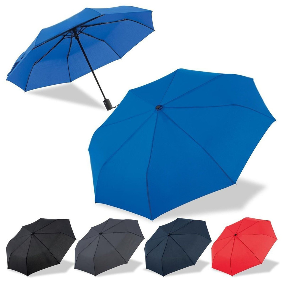 Royal blue compact folding umbrella shown open from side and top angles, with black ribs, plus black, charcoal and red colour variants below
