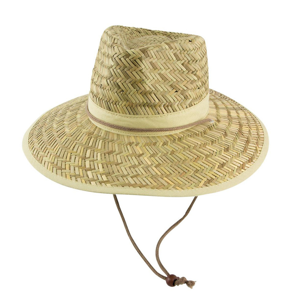 Natural straw wide-brim hat with woven herringbone texture, striped band, and adjustable chin toggle cord