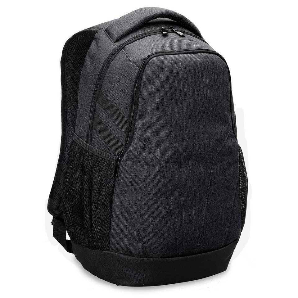 Charcoal grey laptop backpack with padded shoulder straps, mesh side pockets and front zippered compartment