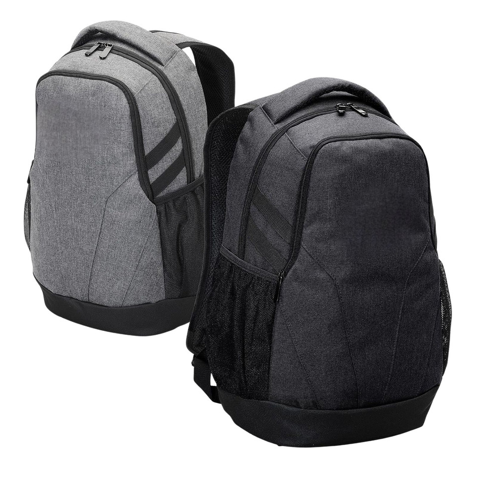 Heather grey and black laptop backpacks shown front and back with contrast zip panels and mesh side pockets