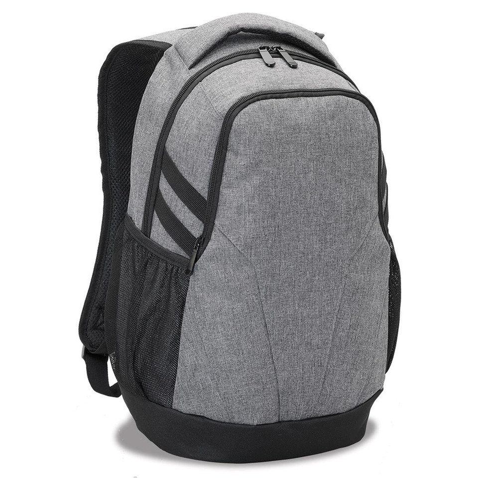 Grey heather laptop backpack with black contrast trim, padded shoulder straps and mesh side pocket