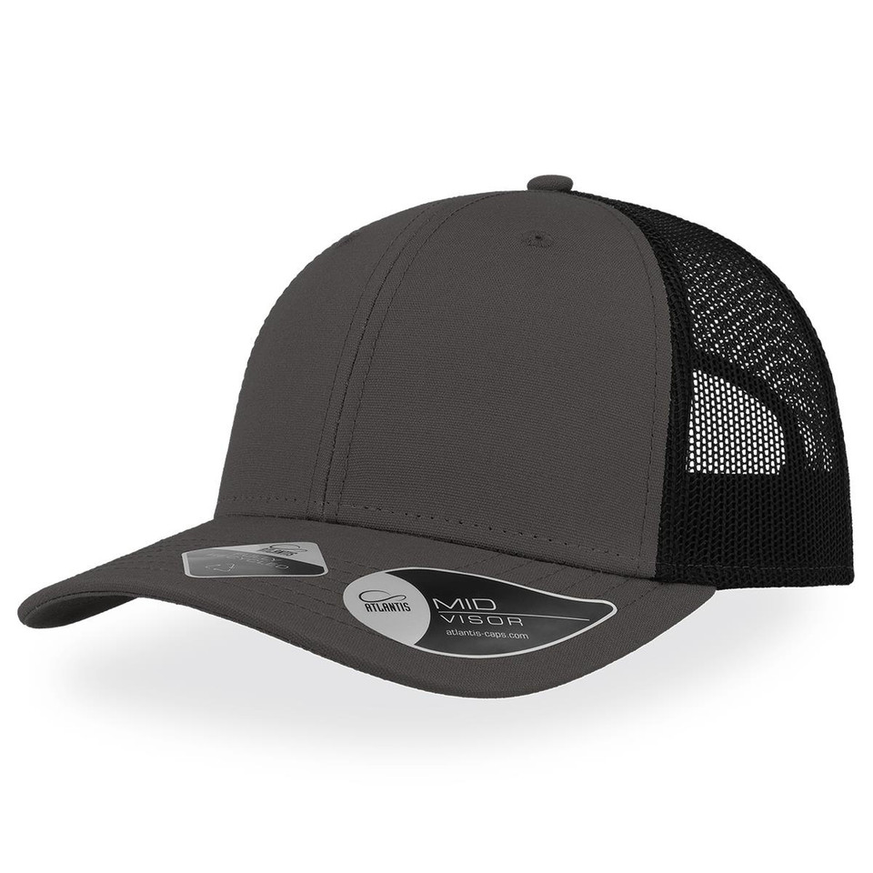 Charcoal grey front panel trucker cap with black mesh back and curved peak