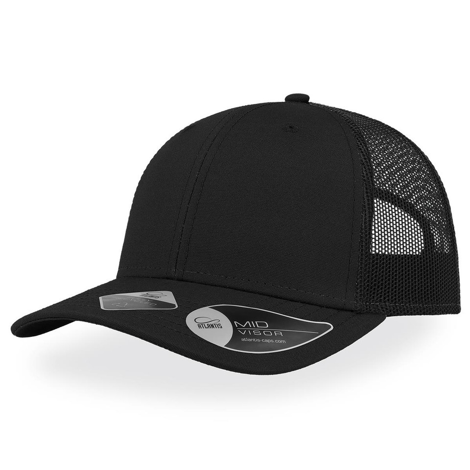 Black trucker cap with mesh back panels and curved peak featuring flat front panel ideal for decoration