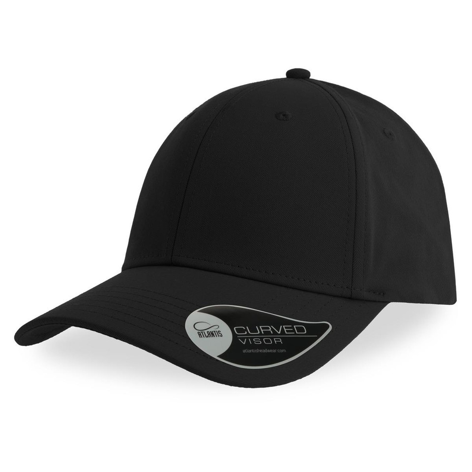 Black Atlantis mechanical stretch cap with curved visor, 6-panel construction and smooth crown