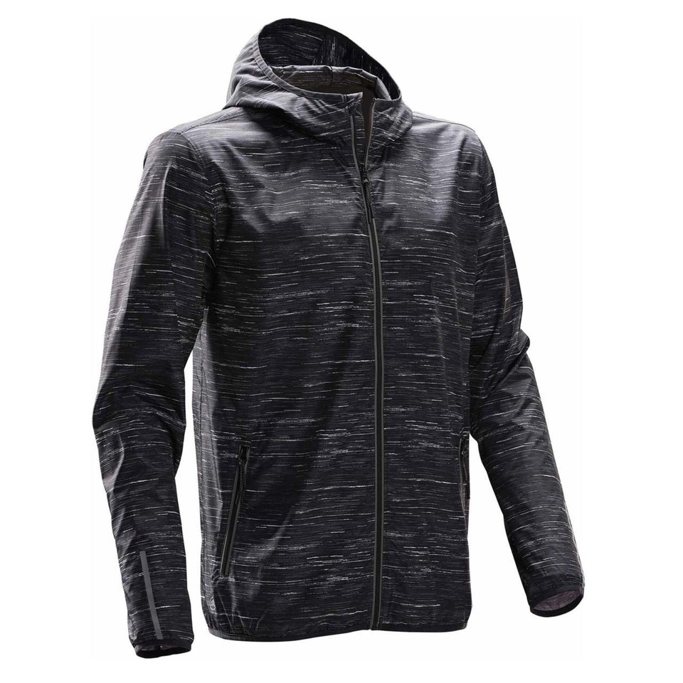 Charcoal heathered lightweight jacket with full zip, hood, and reflective detailing throughout fabric