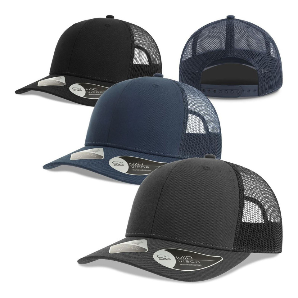 Premium recycled trucker caps in black, navy, slate blue and charcoal with mesh back panels and curved visors