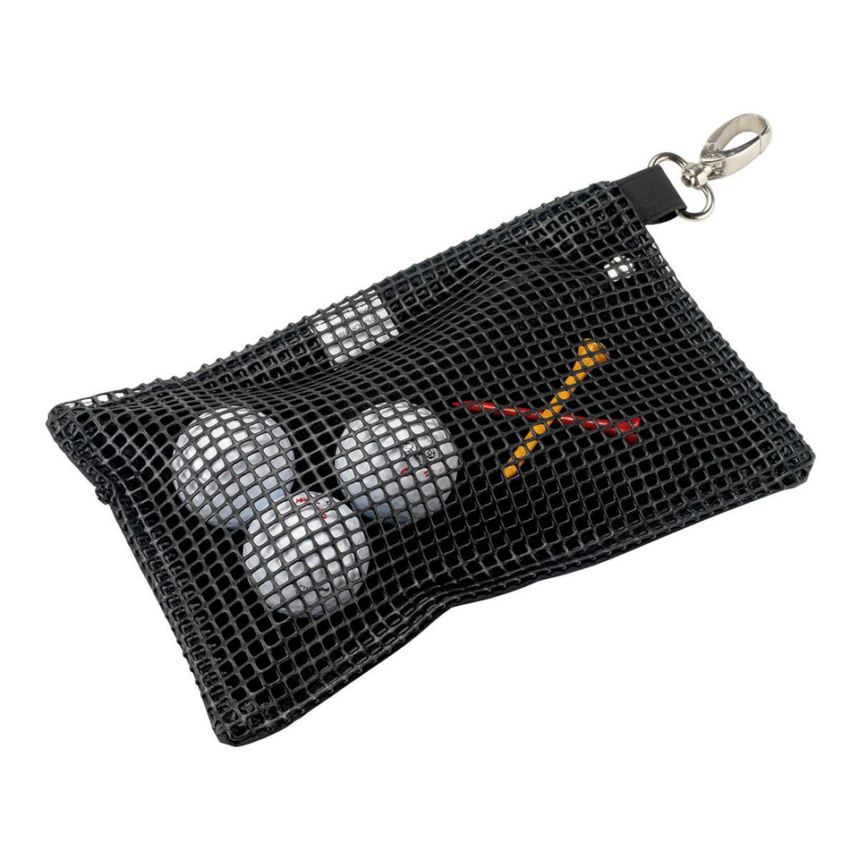 Black mesh accessories pouch with silver clip holding three golf balls and tee