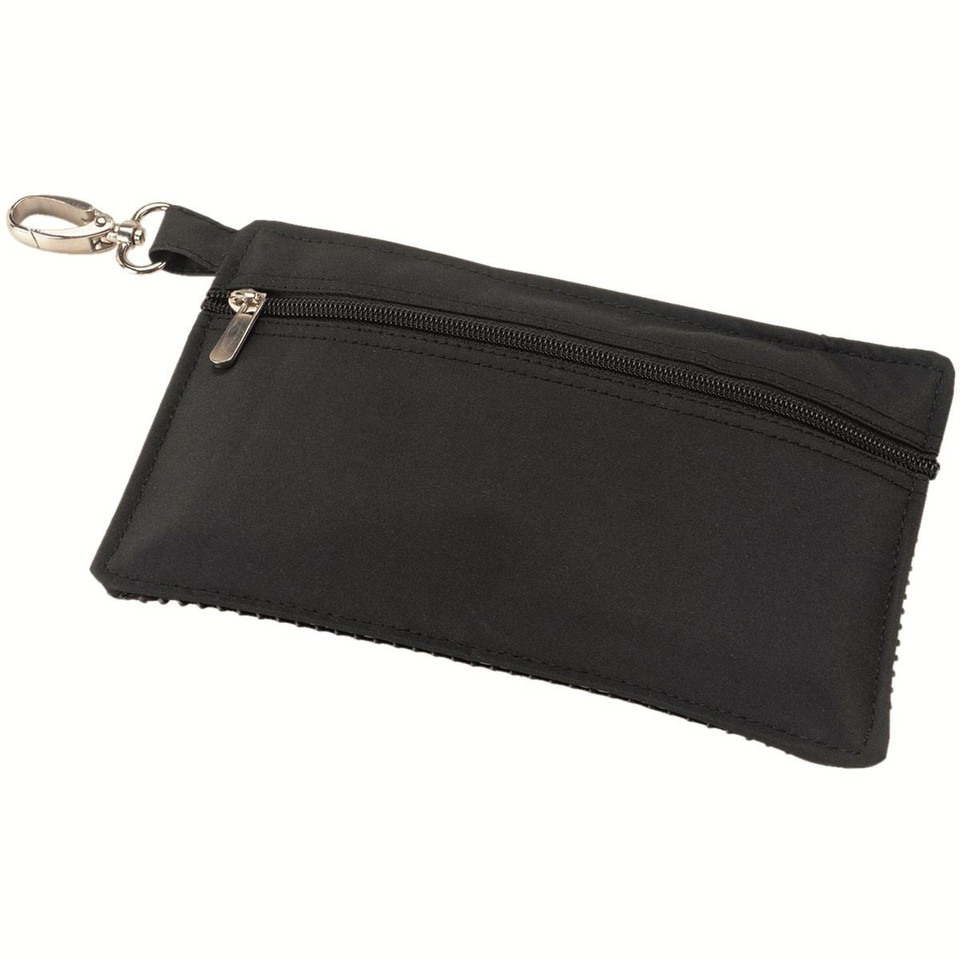 Black microfibre flat pouch with zippered compartment and metal clip attachment