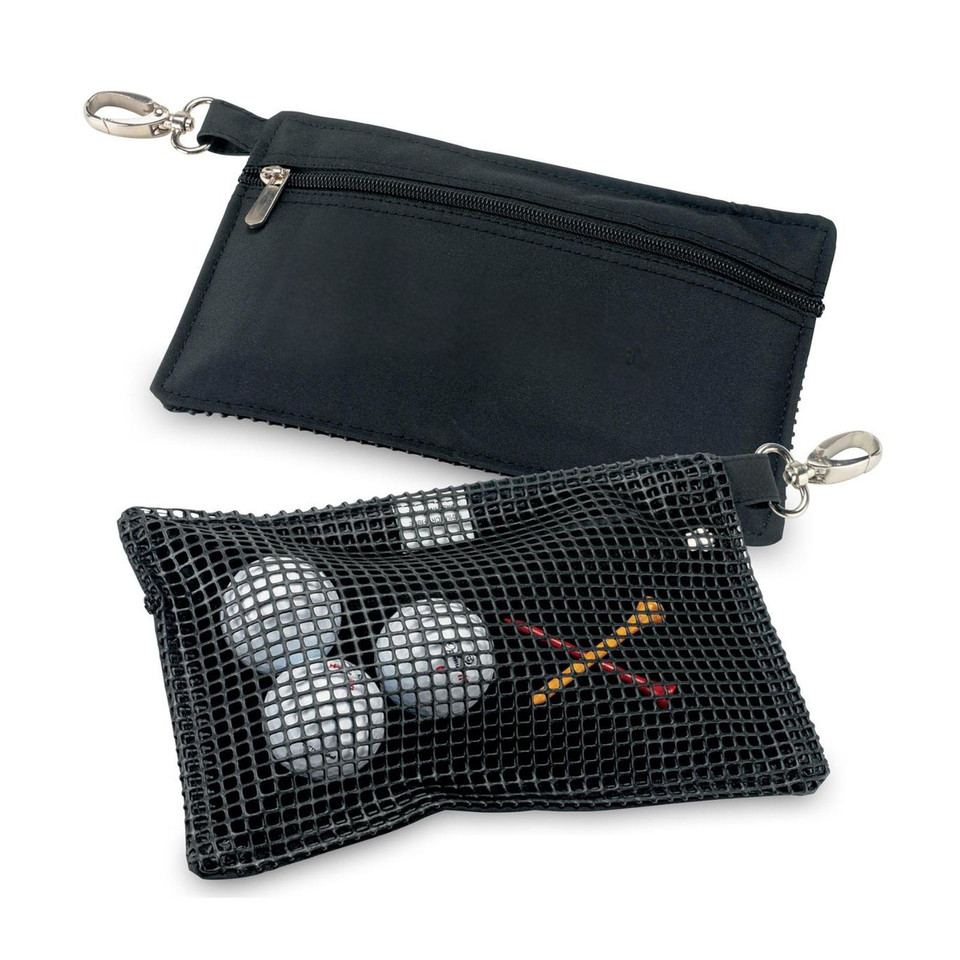Black microfibre zippered pouches with mesh panel and metal swivel clip attachment shown with golf balls