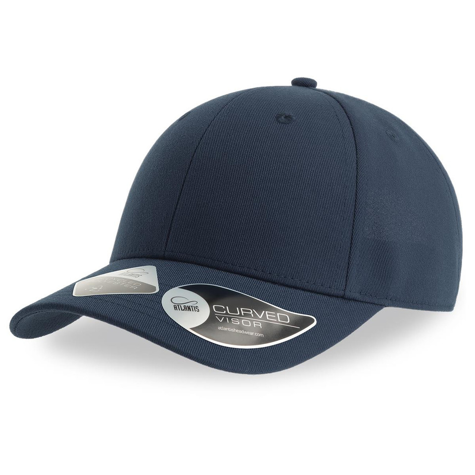 Navy structured cap with curved peak and tonal stitching, featuring six-panel construction ideal for embroidery decoration