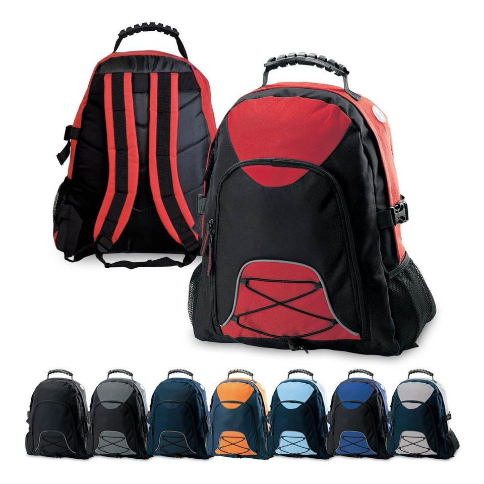 Black and red 28L backpack front and back view with bungee front pocket, padded straps, and rubber grip handle, shown in eight colour options