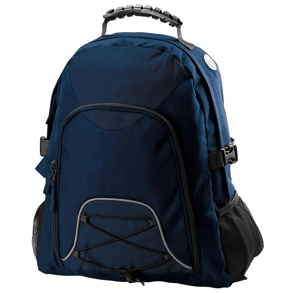 Navy backpack with grey piping, padded straps, front zippered pocket, mesh side pockets and elastic cord detail
