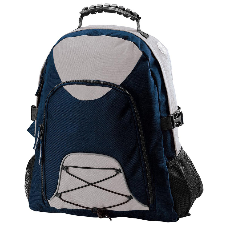 Navy blue and grey backpack with contrast panels, mesh side pockets and padded shoulder straps