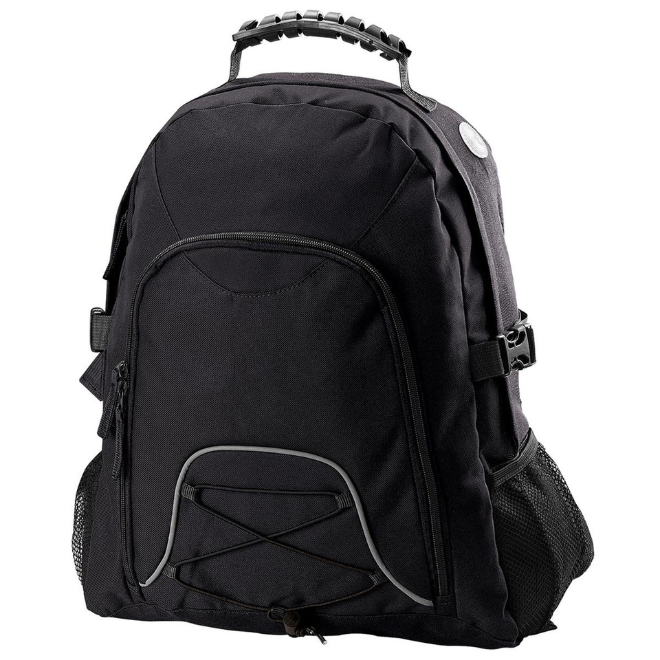 Black backpack with grey piping detail, front zippered pocket, mesh side pockets and padded carry handle