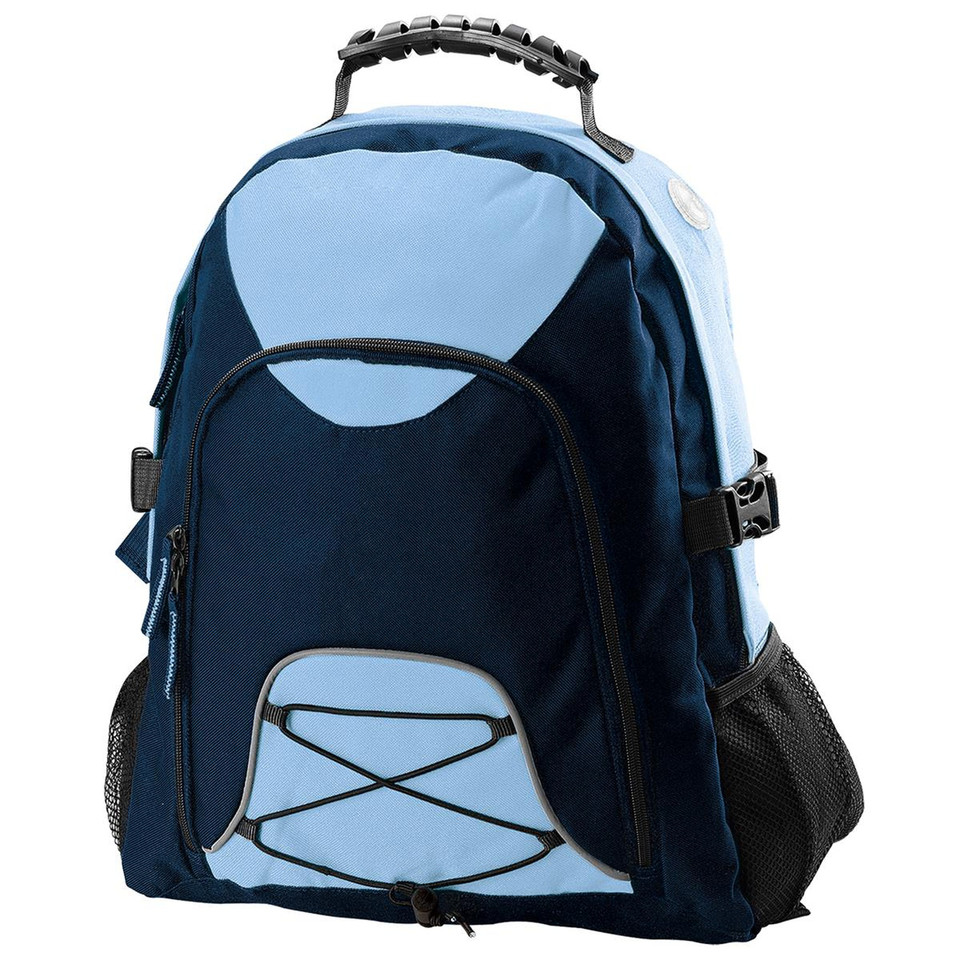 Navy and sky blue two-tone backpack with black trim, front elasticated panel and mesh side pockets