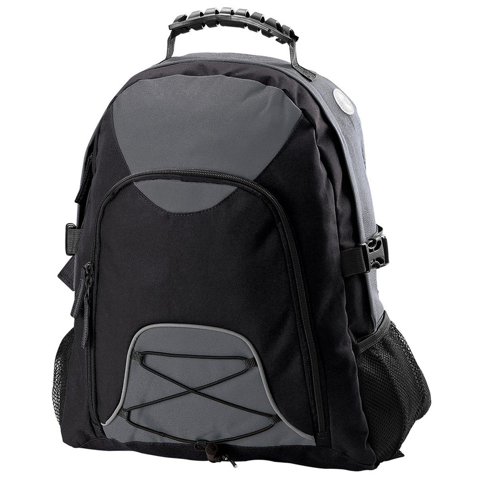 Black and charcoal grey backpack with contrast panel details, padded carry handle, and mesh side pockets