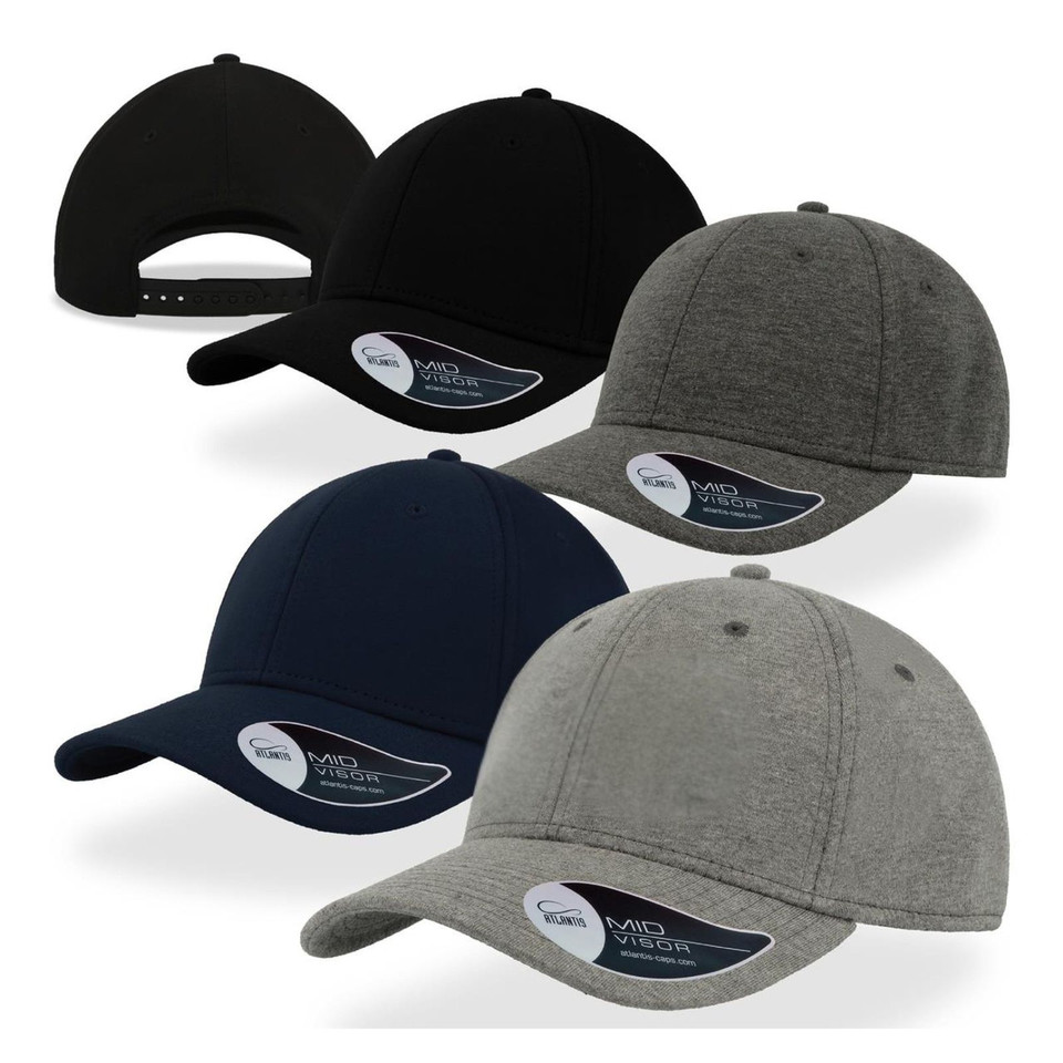 Five curved brim caps in black, charcoal heather, navy, and light grey heather with snapback closures