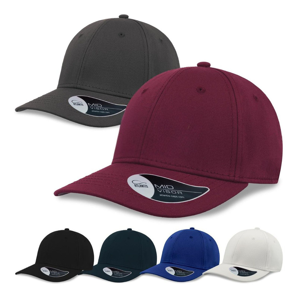 Premium stretch-fit caps in maroon and charcoal with curved brims, shown with additional colourways in black, navy, royal blue and white