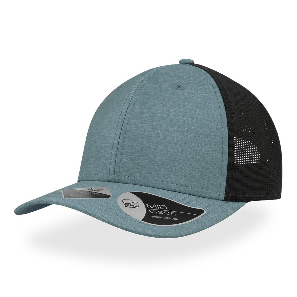 Heathered slate blue front panels with black mesh back trucker cap featuring curved brim and structured crown