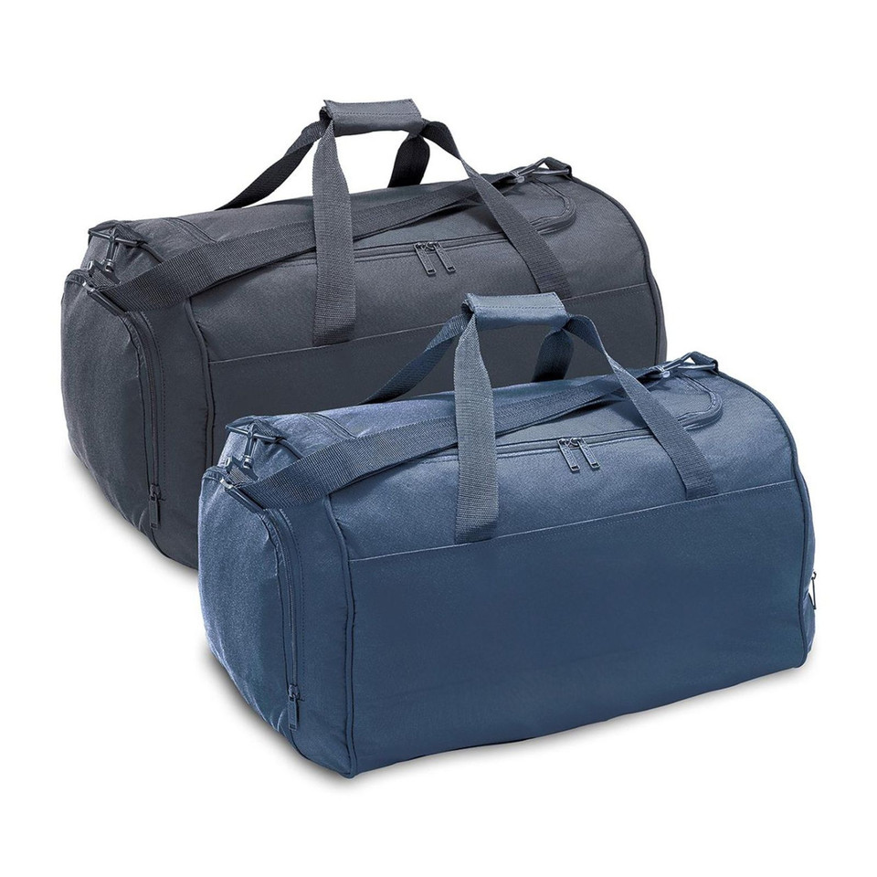 Black and navy blue 60L duffle bags with top carry handles, zip pockets and structured rectangular body