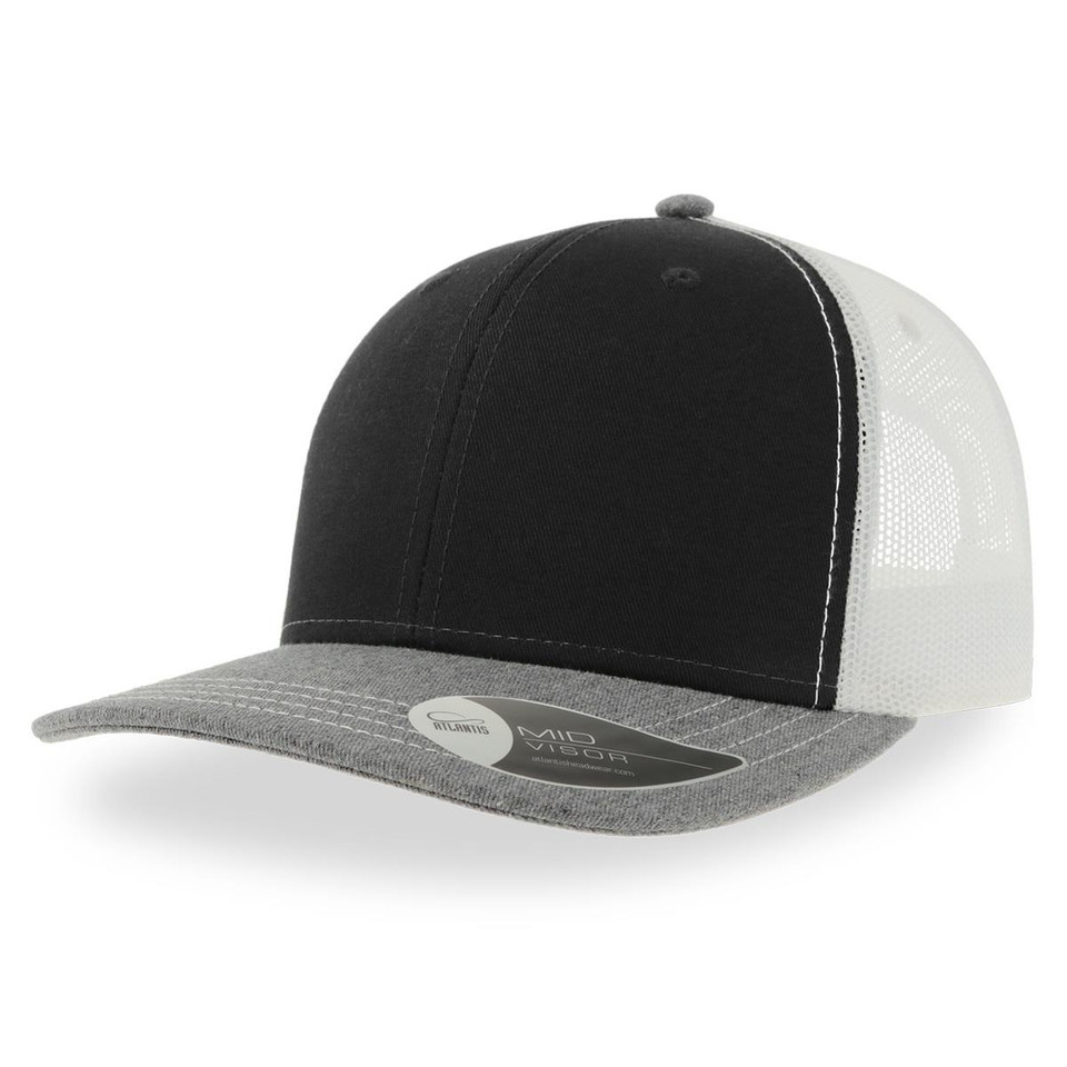 6-Panel Streetwear Style Trucker Cap - Black/Grey Melange/White