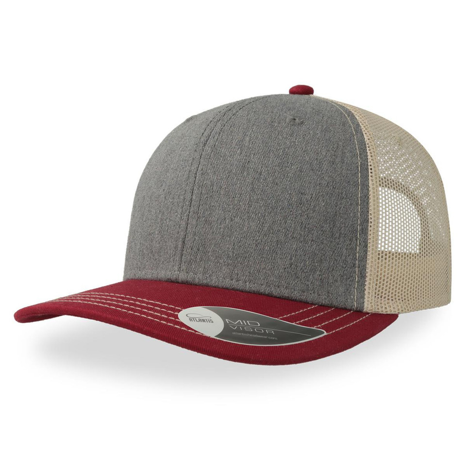 Heather grey and cream trucker cap with burgundy peak and contrast stitching detail