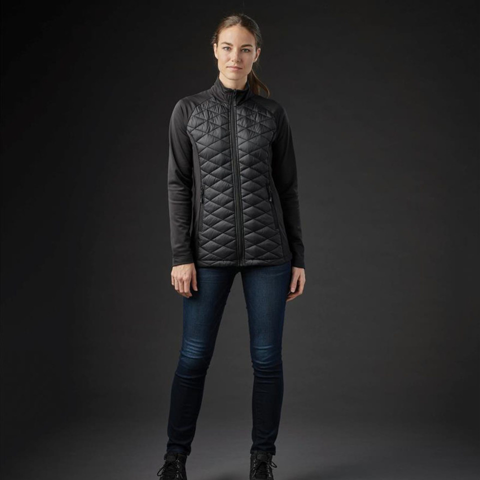 Charcoal grey women's thermal jacket with quilted front panel and solid knit sleeves, full-length zip