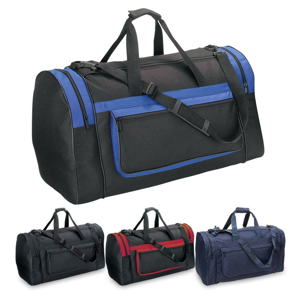 Black sports duffle bag with royal blue contrast trim, zippered side pockets and adjustable shoulder strap