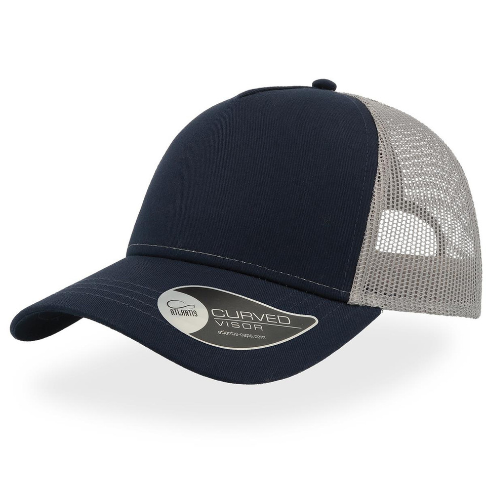 Navy blue cotton twill front panel trucker cap with grey mesh back and curved peak
