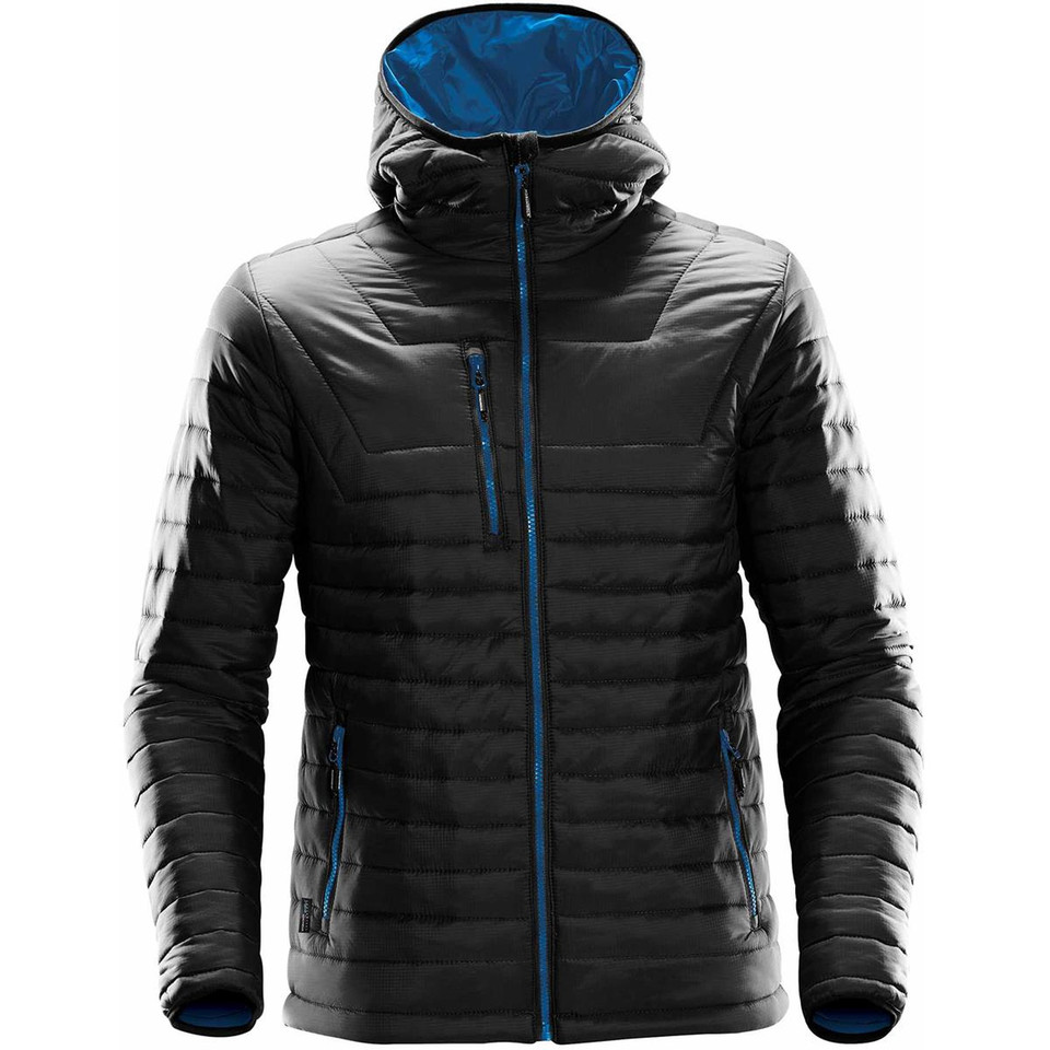 Black quilted puffer jacket with electric blue contrast zipper and hood lining