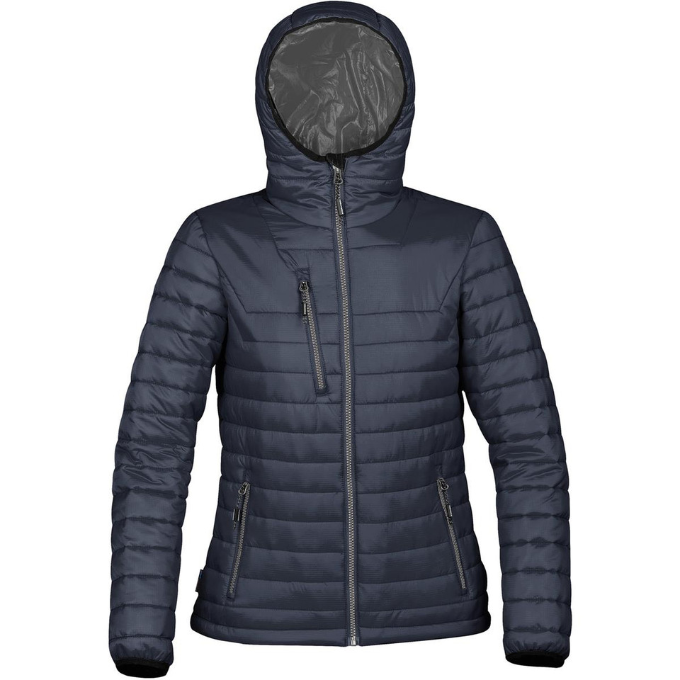 Navy quilted puffer jacket with hood, contrast grey lining, chest and side zipper pockets