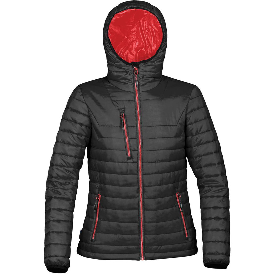 Charcoal quilted puffer jacket with red inner hood and contrast red zipper detailing on front and chest pocket