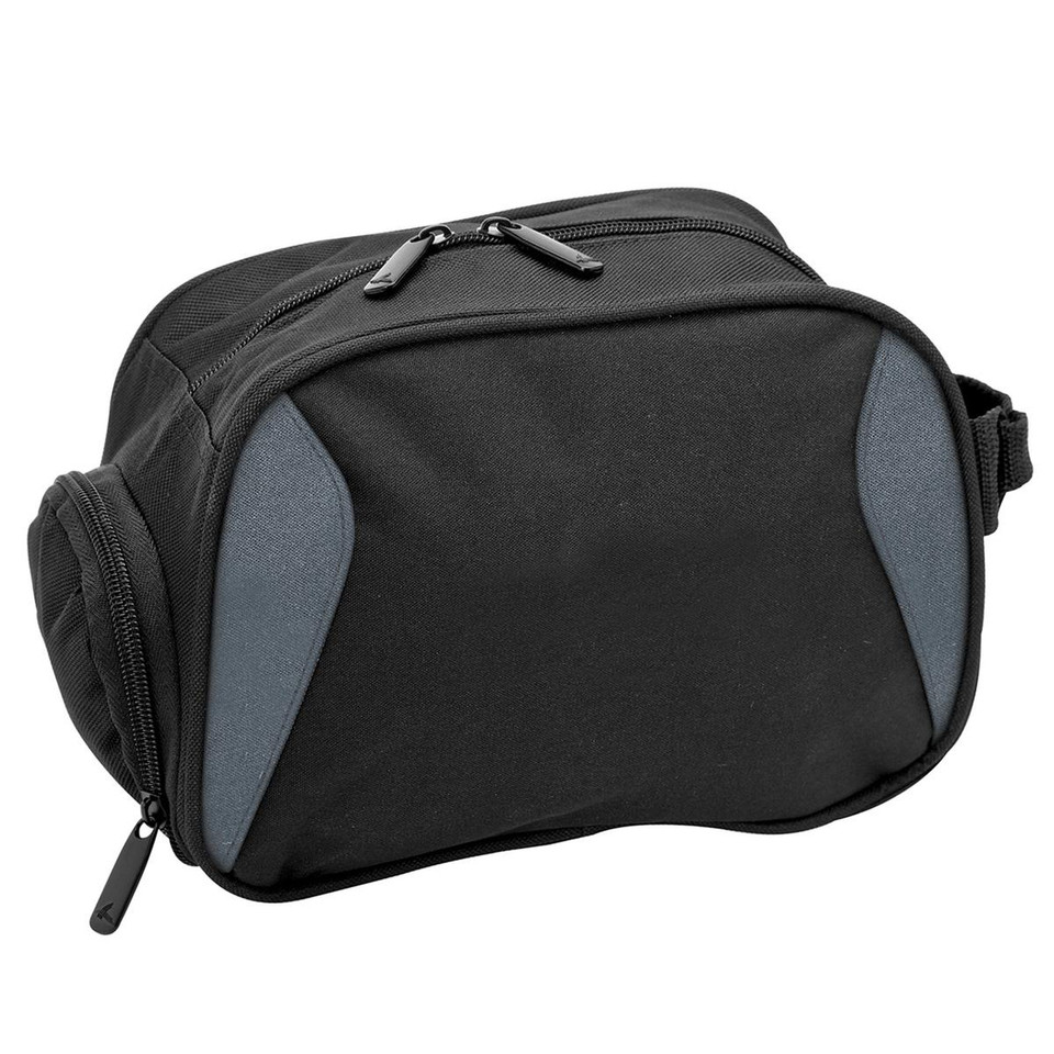 Black travel toiletry bag with charcoal grey side panels, dual zip compartments and carry strap